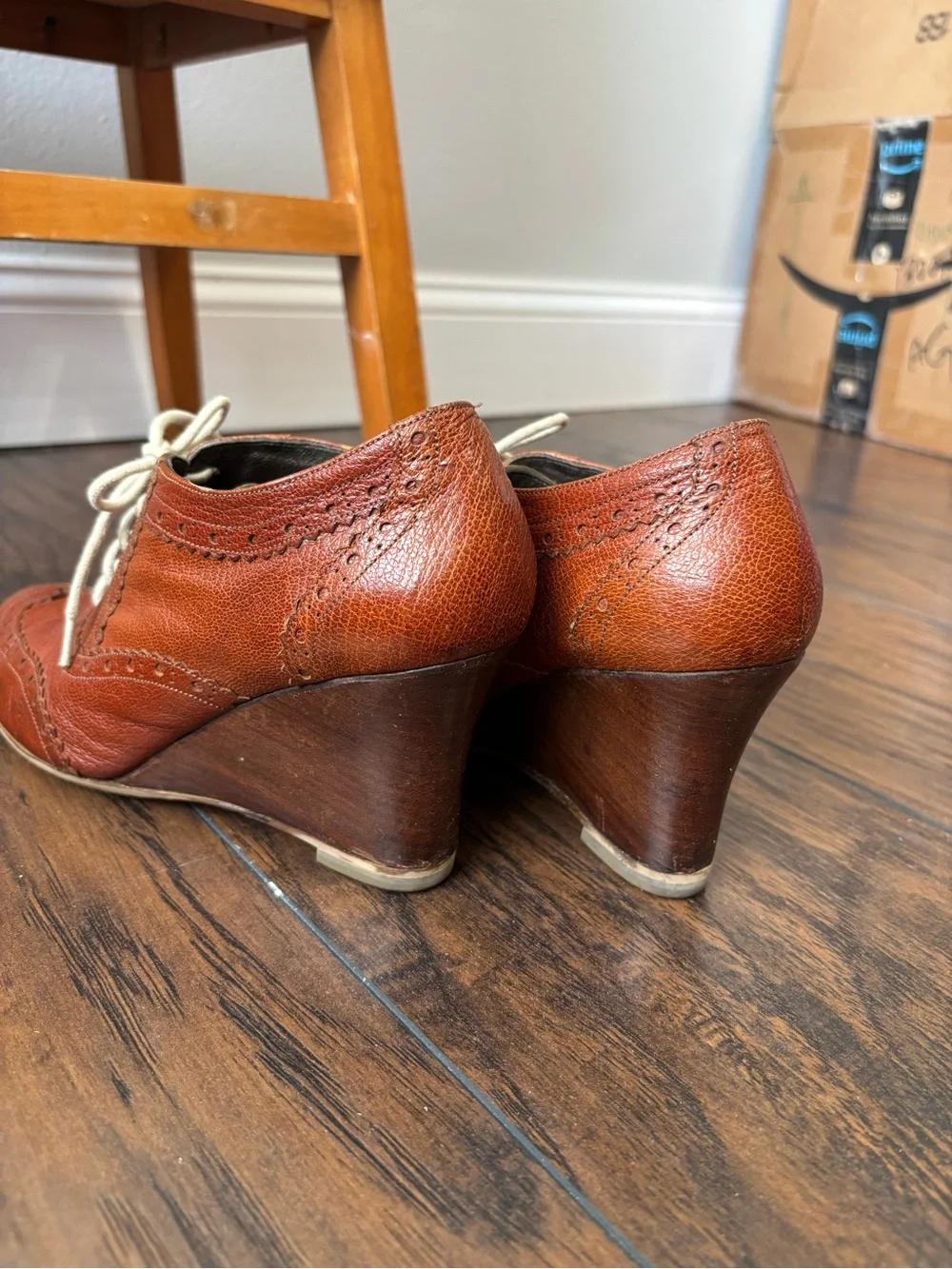 Congac Leather Lace-Up Oxford Wedges